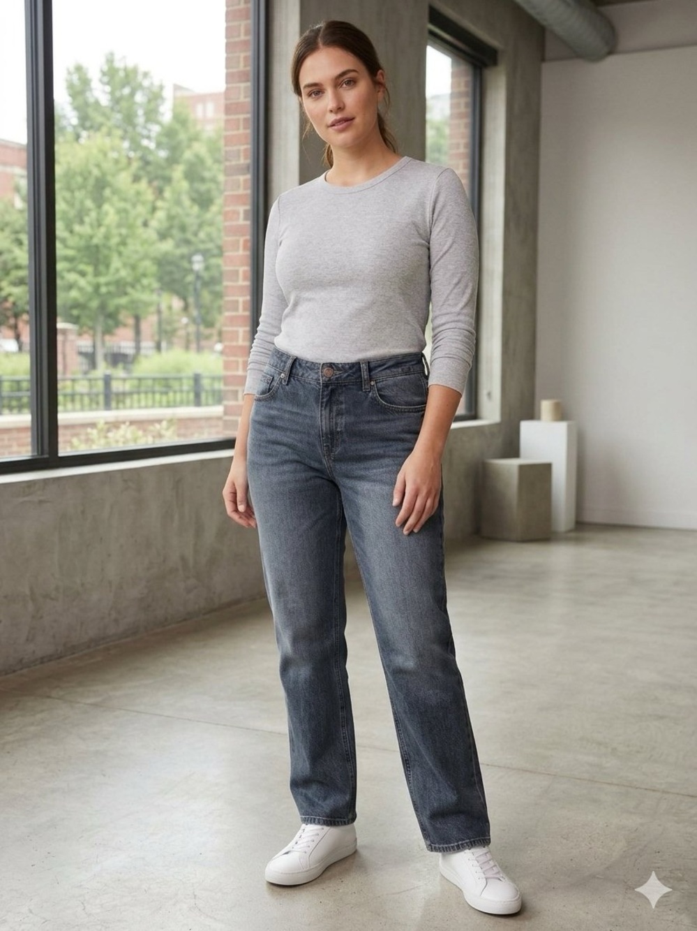 100% Cotton, Mid-Rise Straight Jeans in Washed Dark Blue